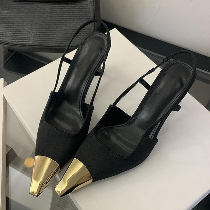 Liyke Fashion Design Metal Pointed Toe Slip On Back Strap High Heels Slingback Sandals Women Pumps Summer Party Prom Shoes Brown 37