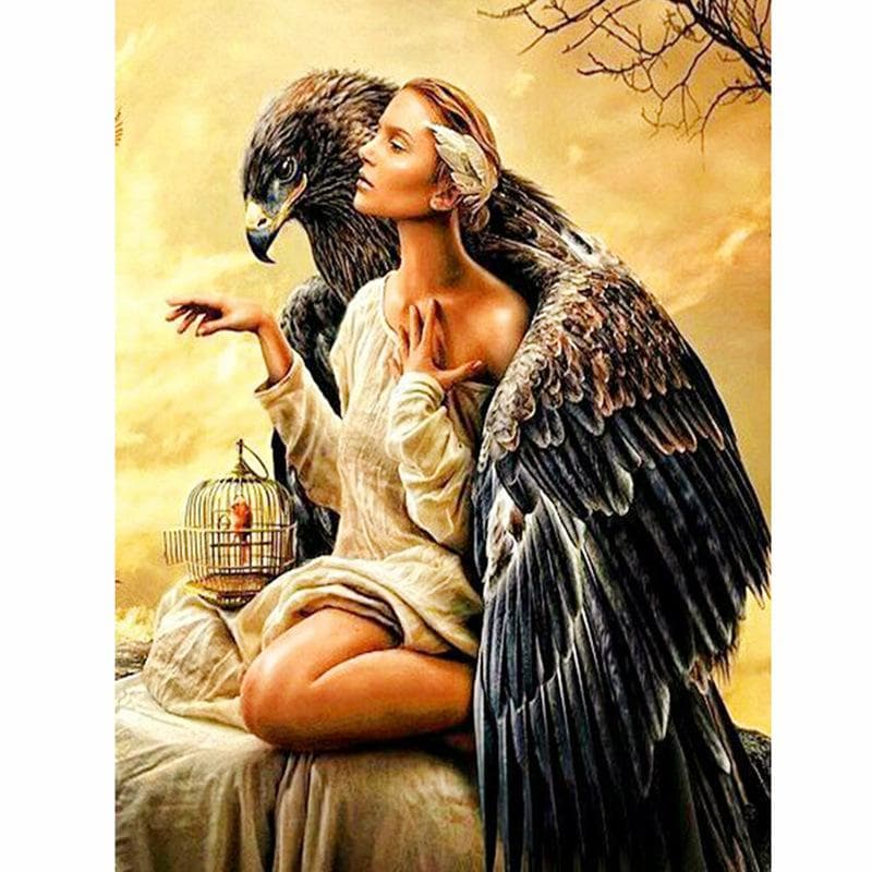 Full Round Drill Diamond Painting Eagle and Girl Embroidery Cross Stitch Woman and Birds Needlework 20X30CM