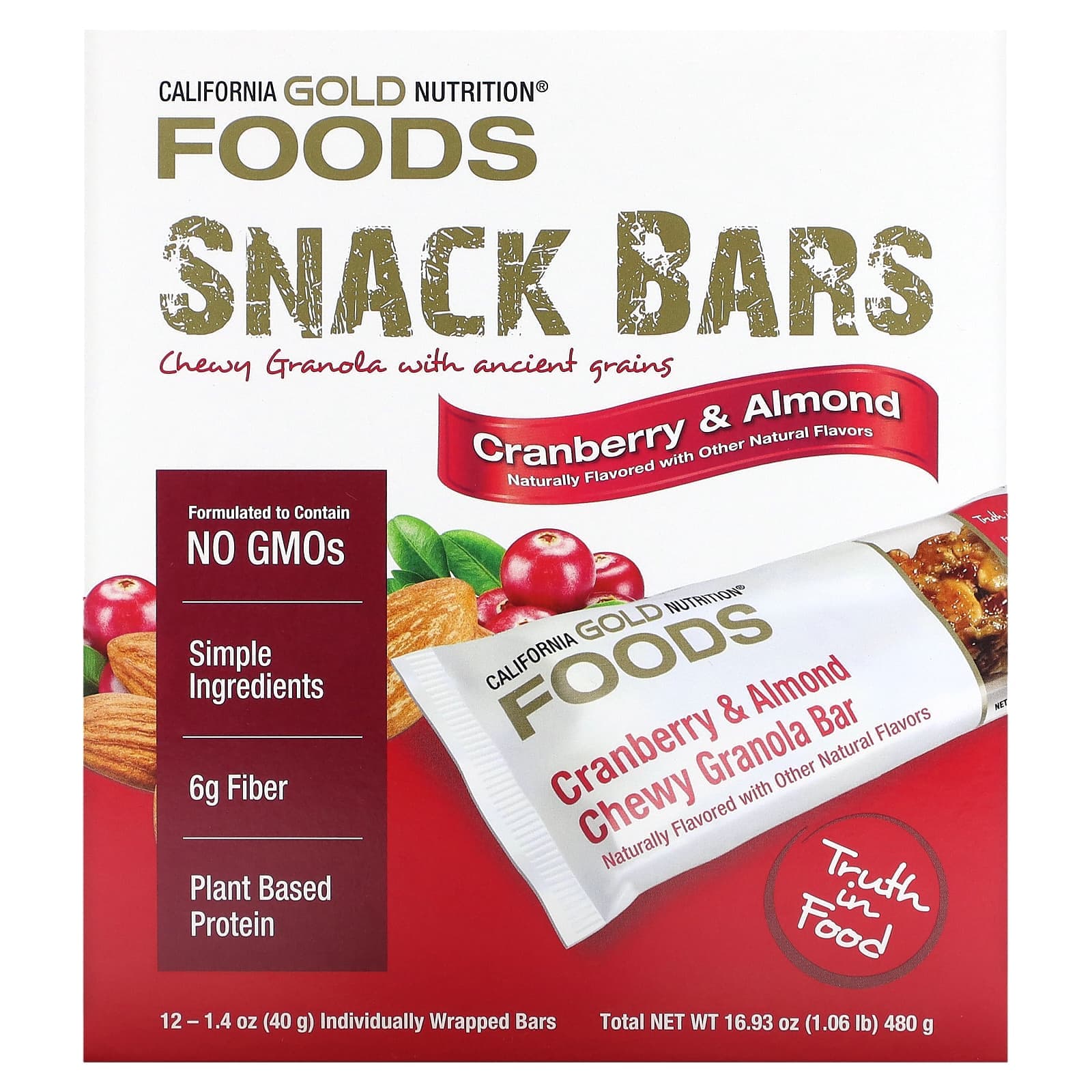 California Gold Nutrition, Food, Cranberry & Almond Chewy Granola Bars, 12 Bars, 1.4 oz (40 g) Each