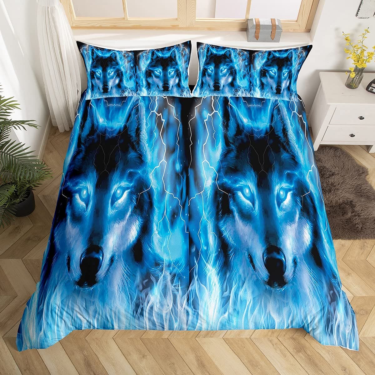 Galaxy Wolf Duvet Cover Set Full Size, Bedding Set for Boys Girls, Wolf Head Printed Duvet Cove Set 1 Quilt Cover 2 Pillowcases EU single(135x200cm)