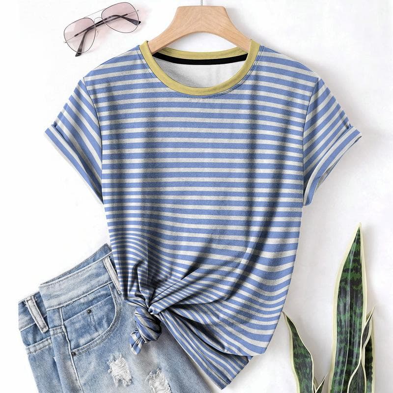 Striped Casual Sports Women's T-shirt Summer Round Neck Short Sleeved Element Pattern Checkered Loose Fit T-shirts 5XL
