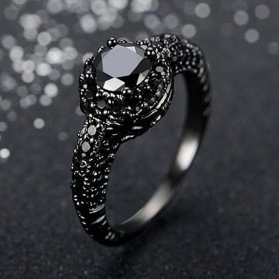 Huajie Fashion Round Cut Diamond Halo Black Stone Copper Ring Size 9 black