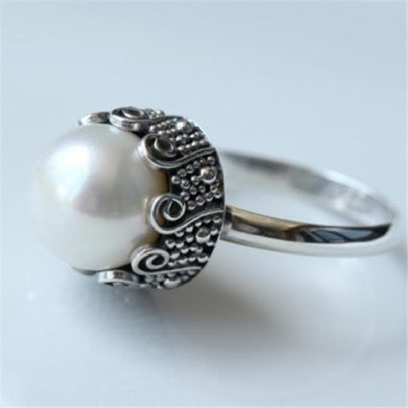 Delicate Vintage Huge White Faux Pearl Silver Color Ring Jewelry For Women 9