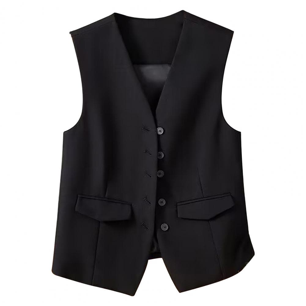 Casual Street Style Vest Elegant Women's V Neck Sleeveless Business Vest Solid Color Single-breasted Waistcoat Stylish for Work M black