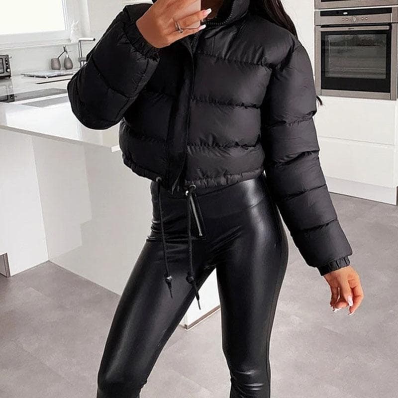 Winter Warm Stand Collar Long Sleeve Zipper Short Cotton Padded Jackets L black
