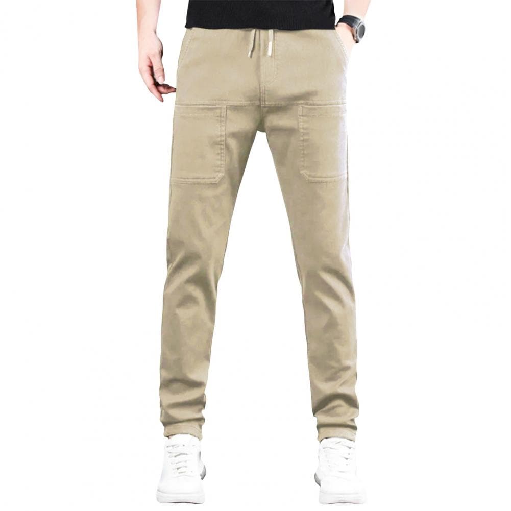 Men Pants 6 Patchwork Pockets Straight Loose Wide Leg Pure Color Drawstring Elastic Waist Outdoor Casual Work Travel Long Trouse M khaki