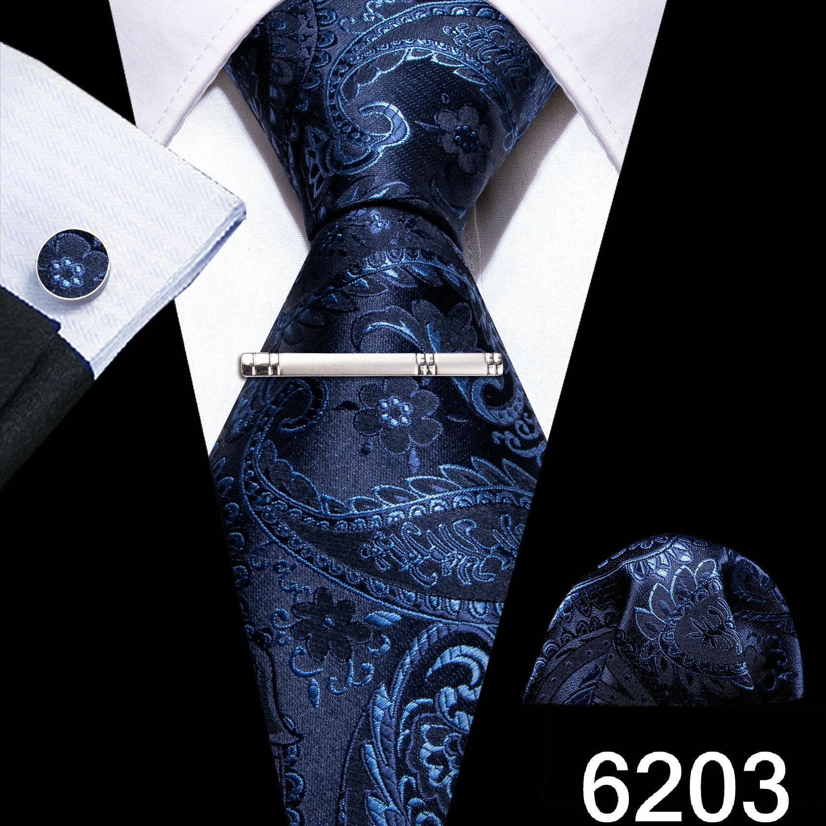 Barry.Wang Mens Green Blue Ties with Silver Tie Clip Wedding Silk Necktie Hanky Cufflinks Business Set N-6203