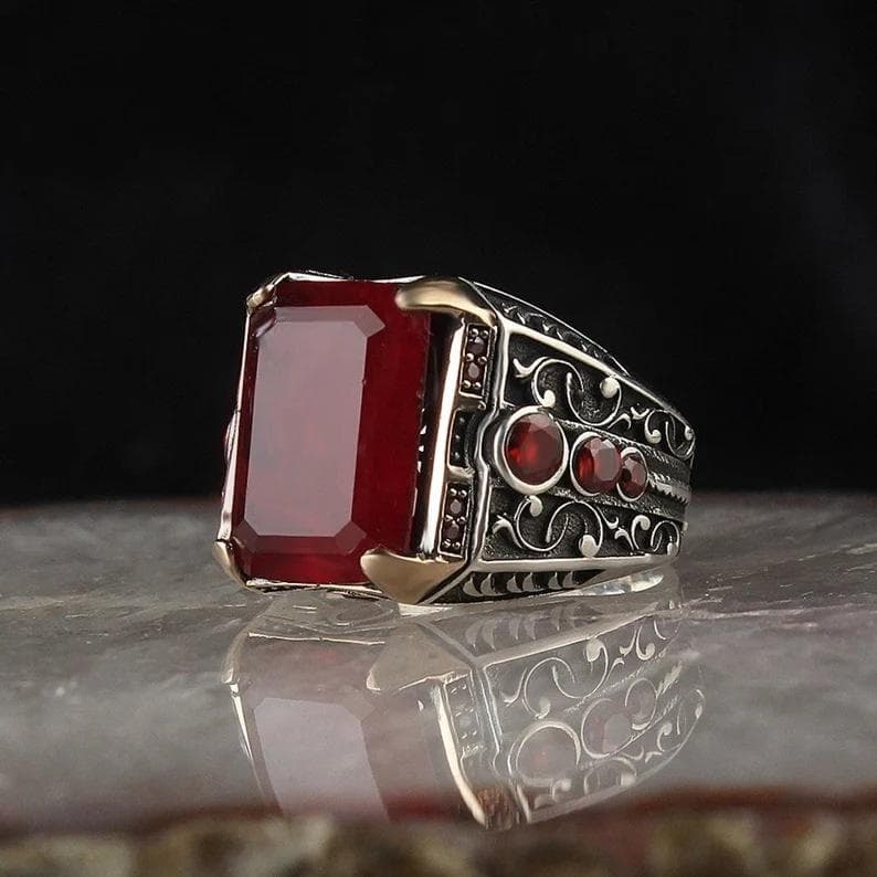 Vintage Men Ring with Red Zircon Stone Made in Turkey Celtic Handmade Ring 13 red
