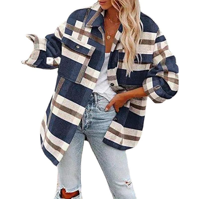 Autumn and Winter European and American Women's Clothing Autumn and Winter Long Sleeves, Lapel Loose Plaid Woolen Coat 2XL