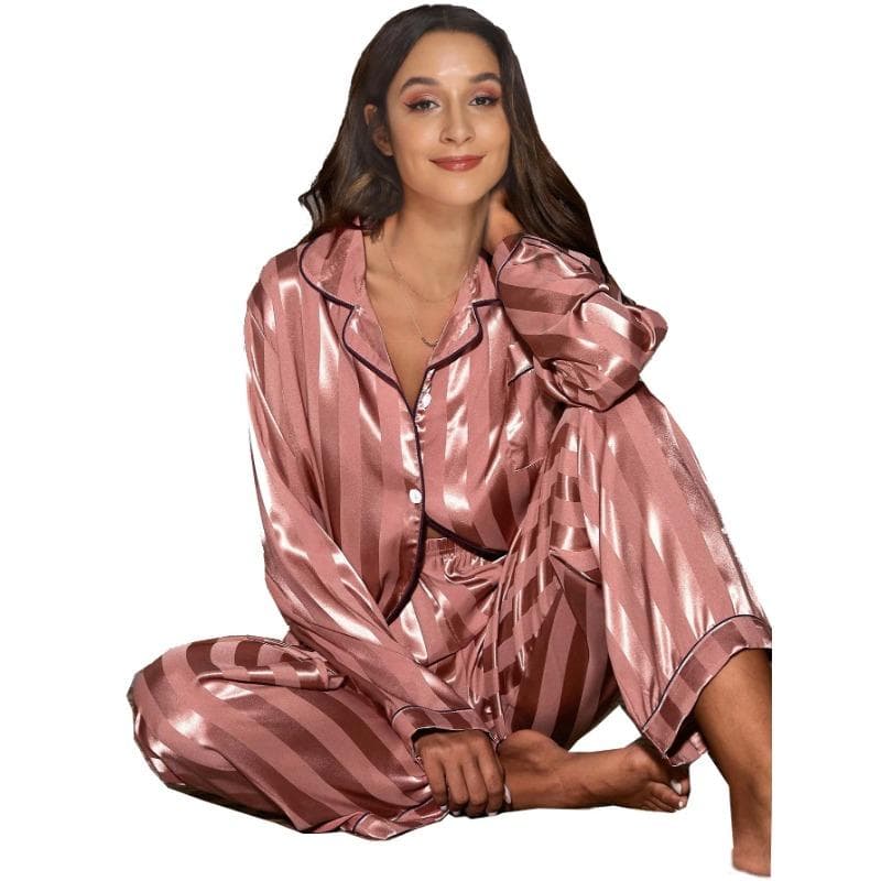 Stripe Long Sleeve Trouser Pijamas Suit Women 2PCS Pajamas Set Sleepwear Spring Summer Satin Nightwear Loose Homewear Loungewear XL