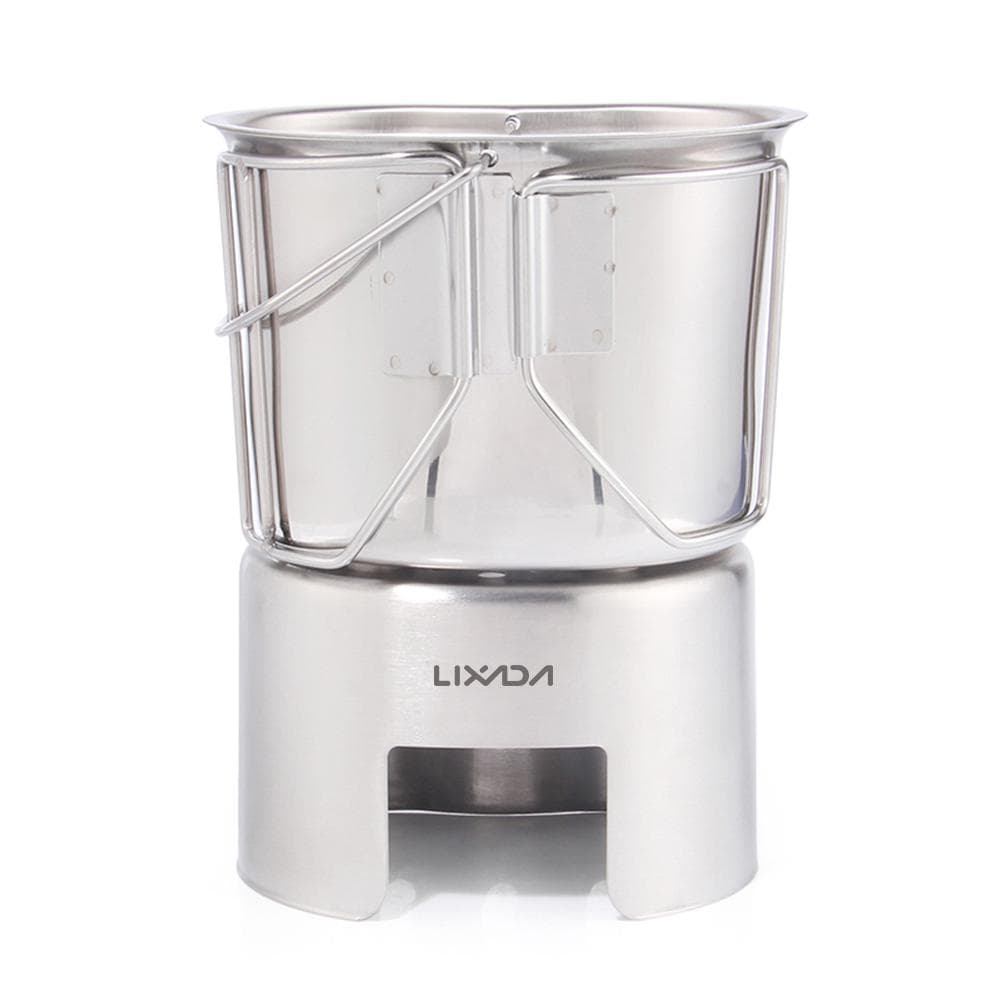 Lixada Camping Cookware Stainless Steel Canteen Cup Hanging Pot with Wood Stove Set for Outdoor silver