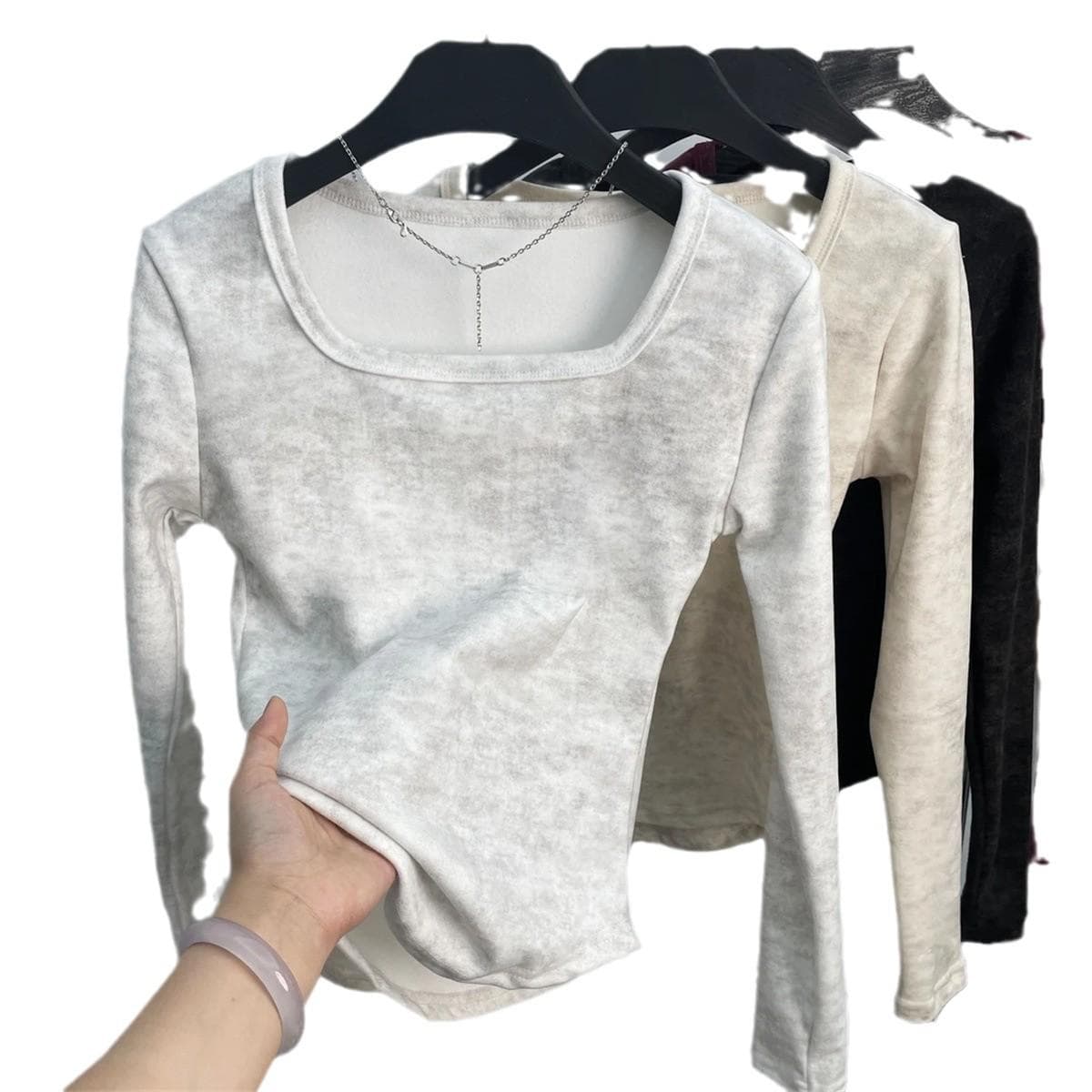 Inside Long-sleeved Bottoming Shirt T-shirt Women's New Autumn and Winter Waist Tie-dye U-neck Top 2XL apricot