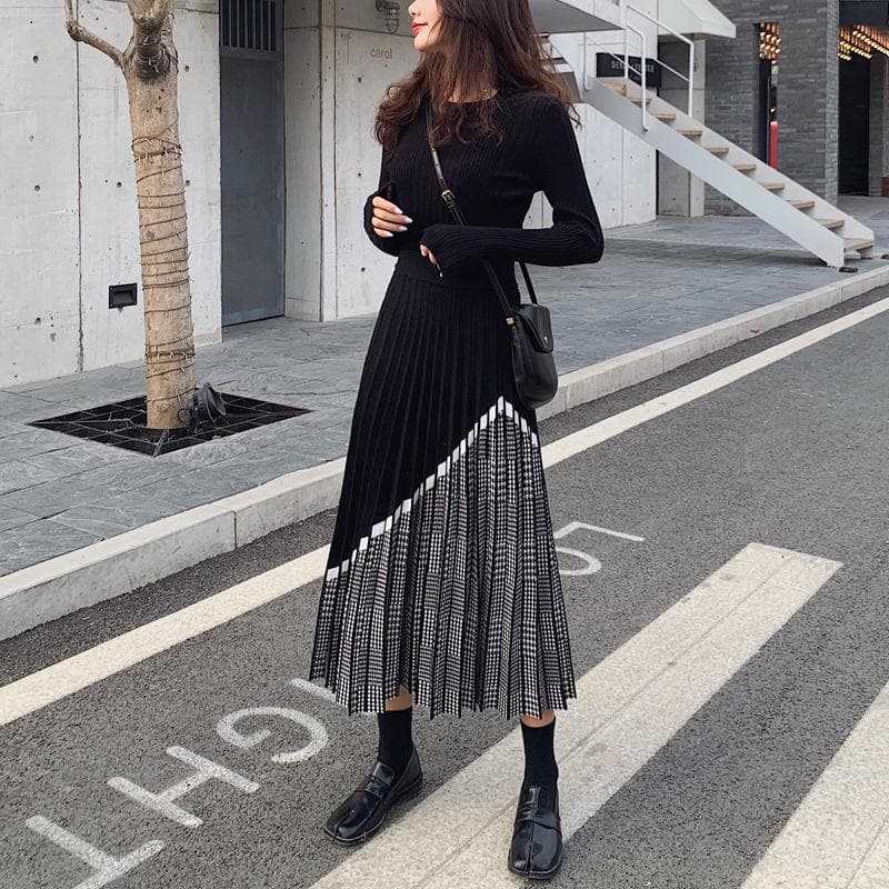 Houndstooth Knitted Skirts Women Oversized Midi Skirt Vintage High Waist Elegant Chic Office Lady Winter Black Pleated Skirt XXL black
