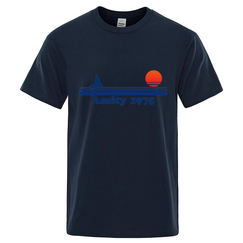 cotton Amity 1975 - Jaws Retro Print Tshirt Men Creativity Sweat Clothing Fashion Tee Clothes T Shirts Breathable Cotton T-Shirts Man M dark blue
