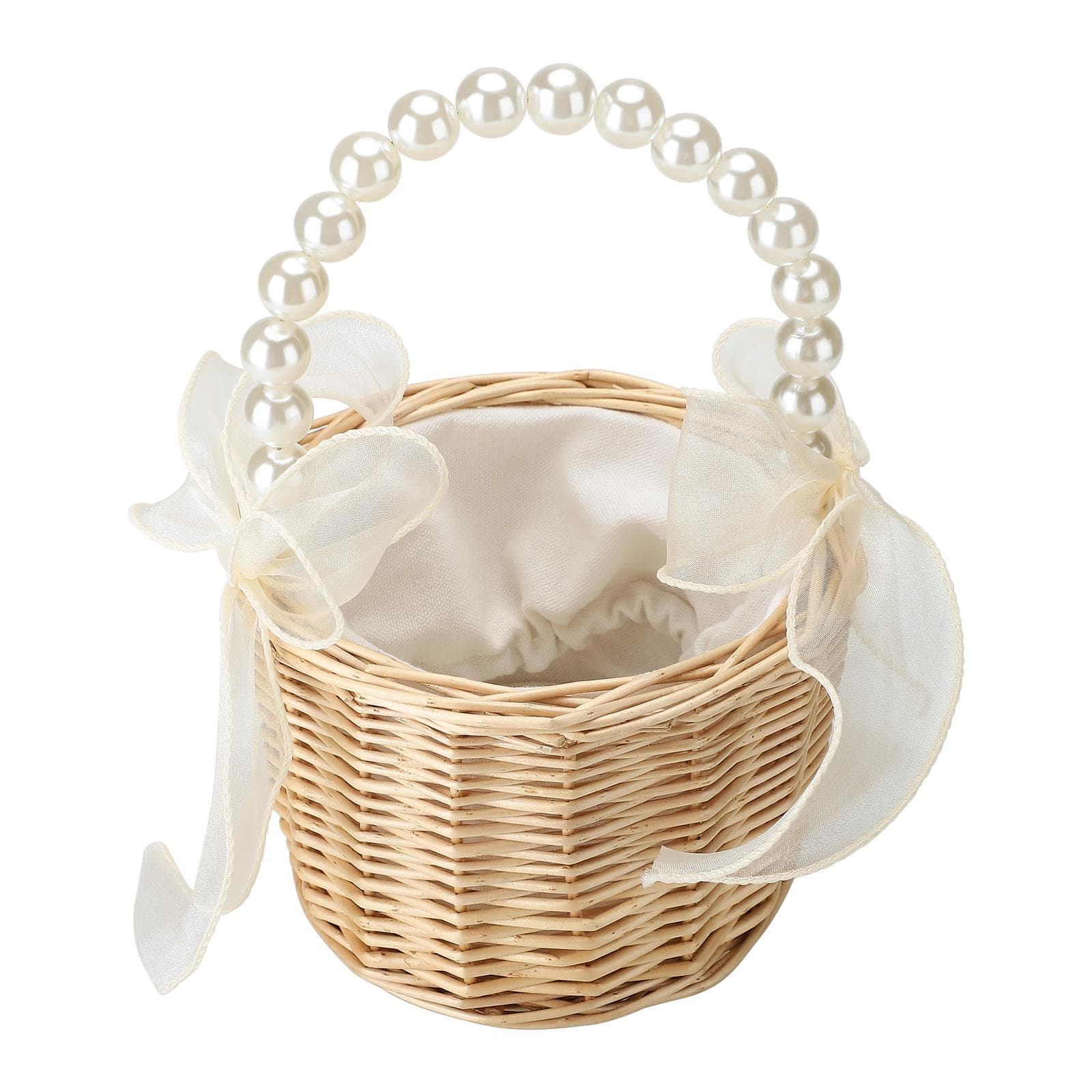 2pcs Pearl Carrying Basket Brown Rattan Small Pearl Handle Flower Basket for Wedding Gift Packaging