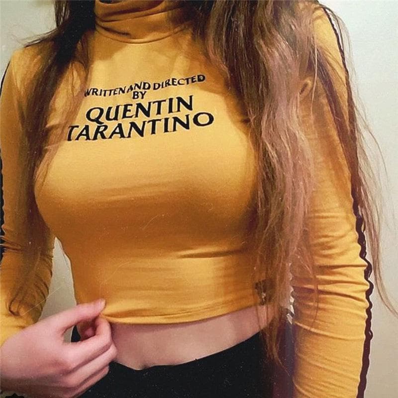 Fashion Quentin Tarantino Sexy Crop Tops Women Side Stripe Long Sleeve Turtleneck Cotton Knitted Short tshirt Lady S yellow