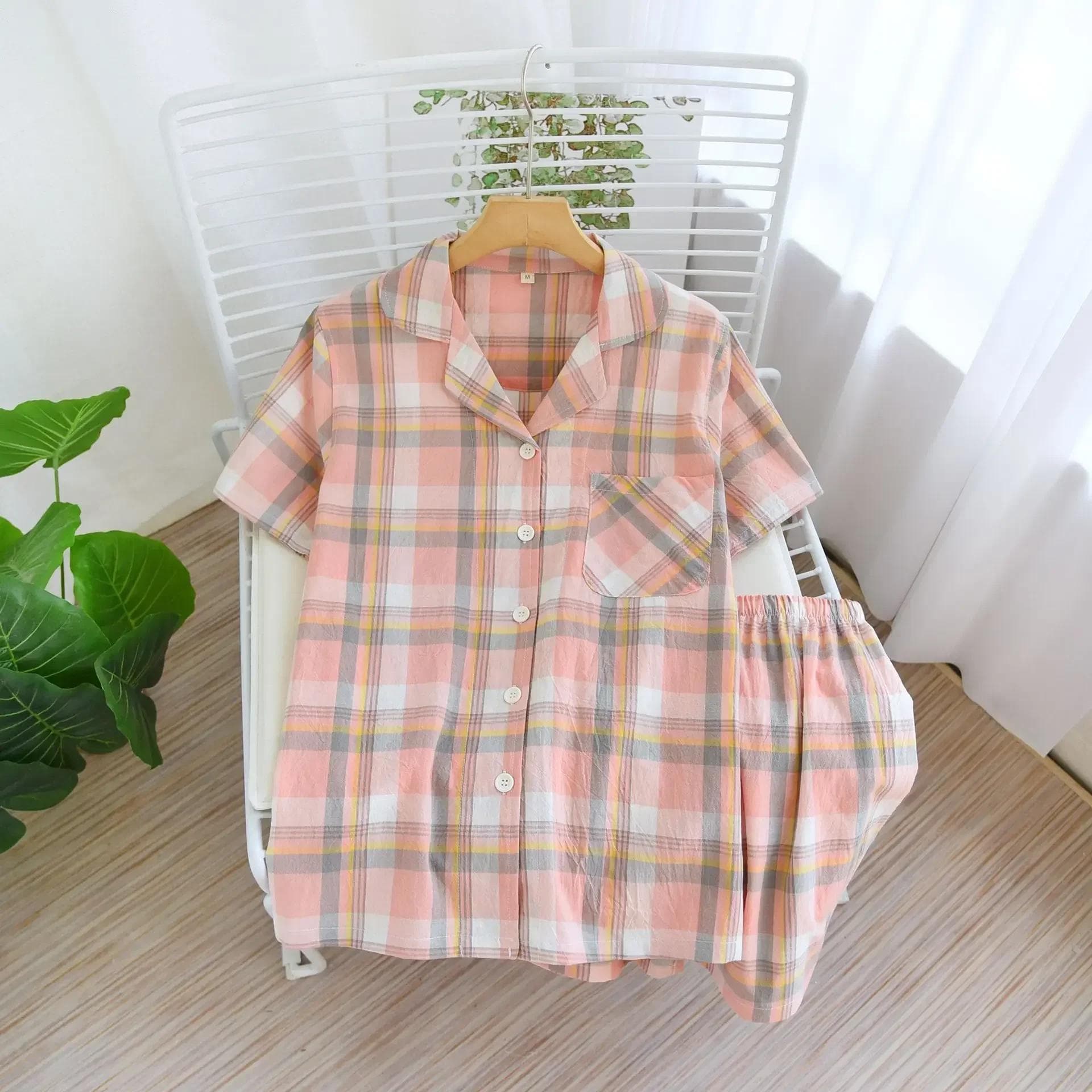 New 100% Cotton Short-sleeved Shorts Ladies Pajamas Set Cute Cartoon Pajamas Japanese Simple Short Pajamas Women Sleepwear L