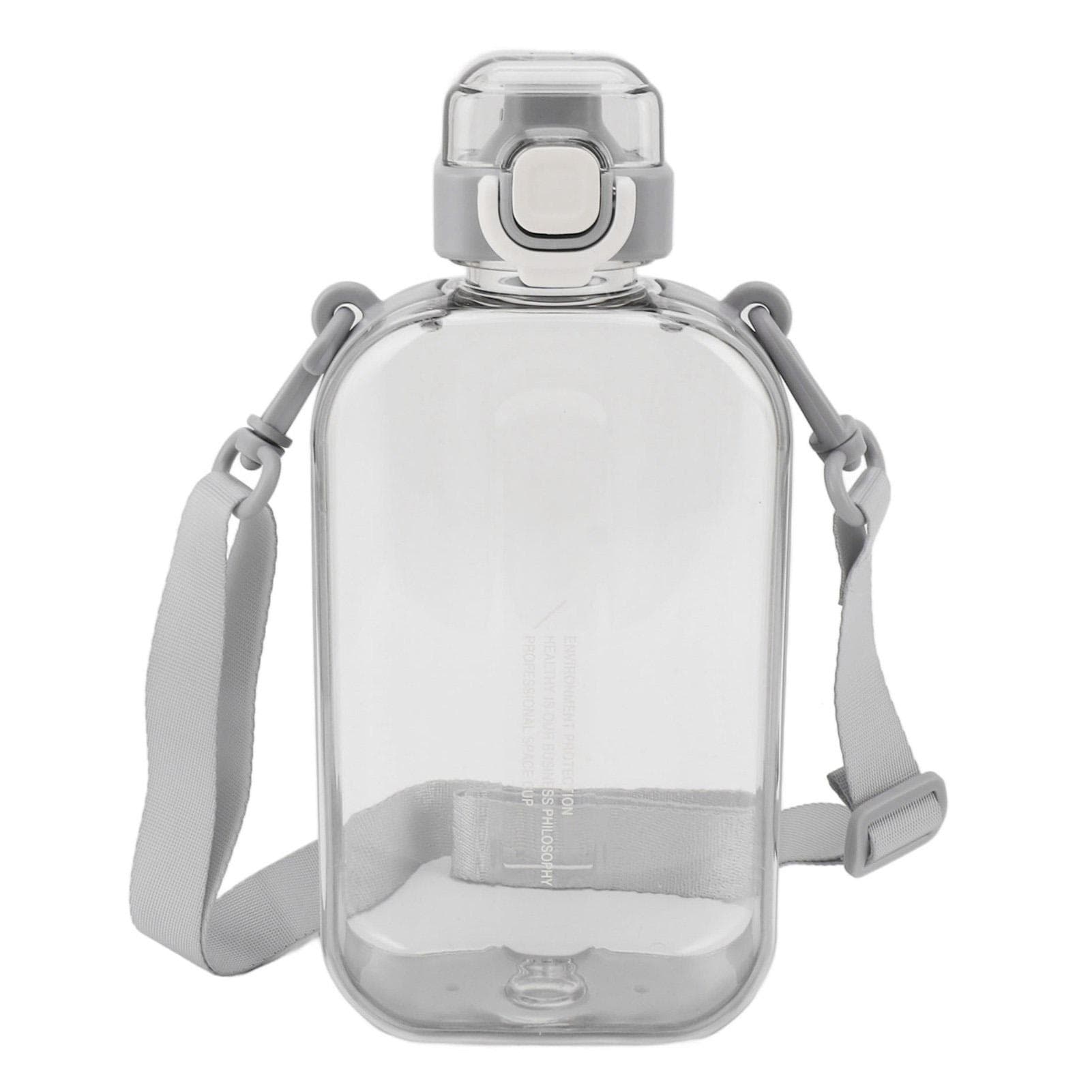 Flat Water Bottle 750ml Slim PC Silicone Leak Proof with Strap Flat Drinking Bottle for Sports L grey