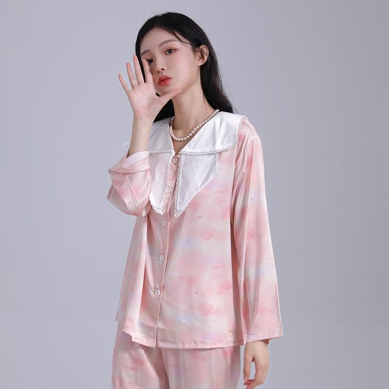 Ice Silk Spring and Summer Pajamas Women's Spring Autumn Thin High-end Real Silk Princess Home Clothes Suit Outer Wear XL pink