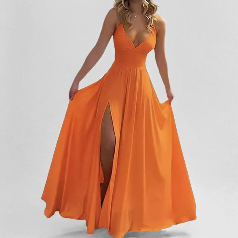 Spring New Women's Temperament Sexy Suspender V-neck Long Skirt Lace-up Slit Dress 3XL orange