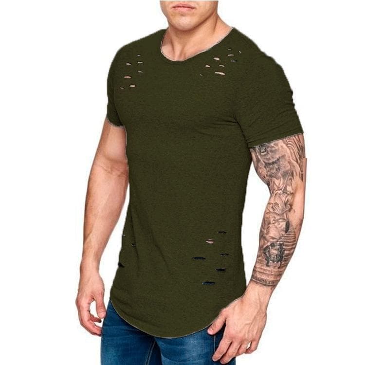 Summer T-Shirt Men Fashion Hole Distressed Fitness T Shirt Short Sleeve Solid Slim Fit Hip Hop T-shirt Yasheng M army green