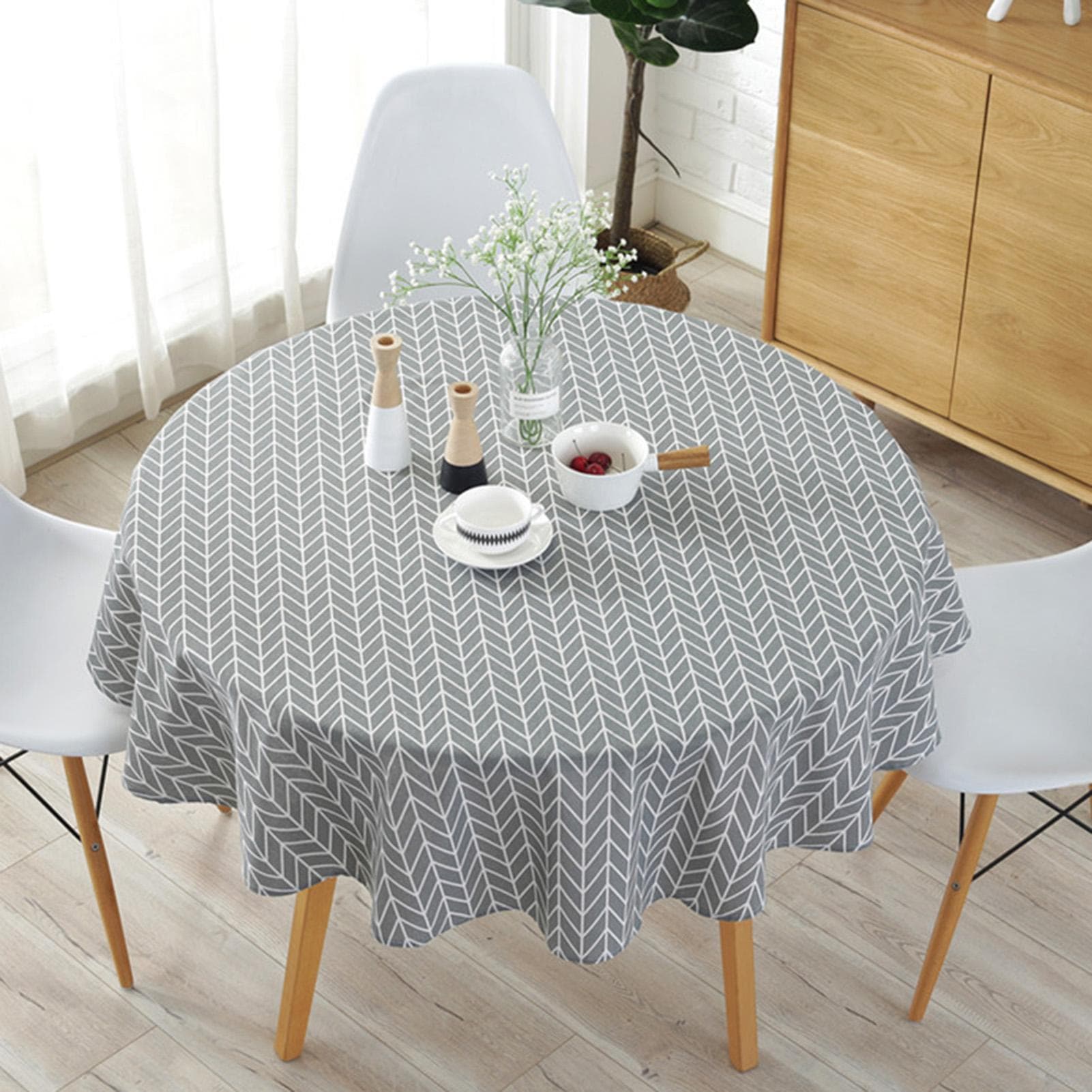 Northern Europe Style Terylene&Cotton Mixed Round Table Cloth Multicolor Triangle White Line Gray 120cm grey