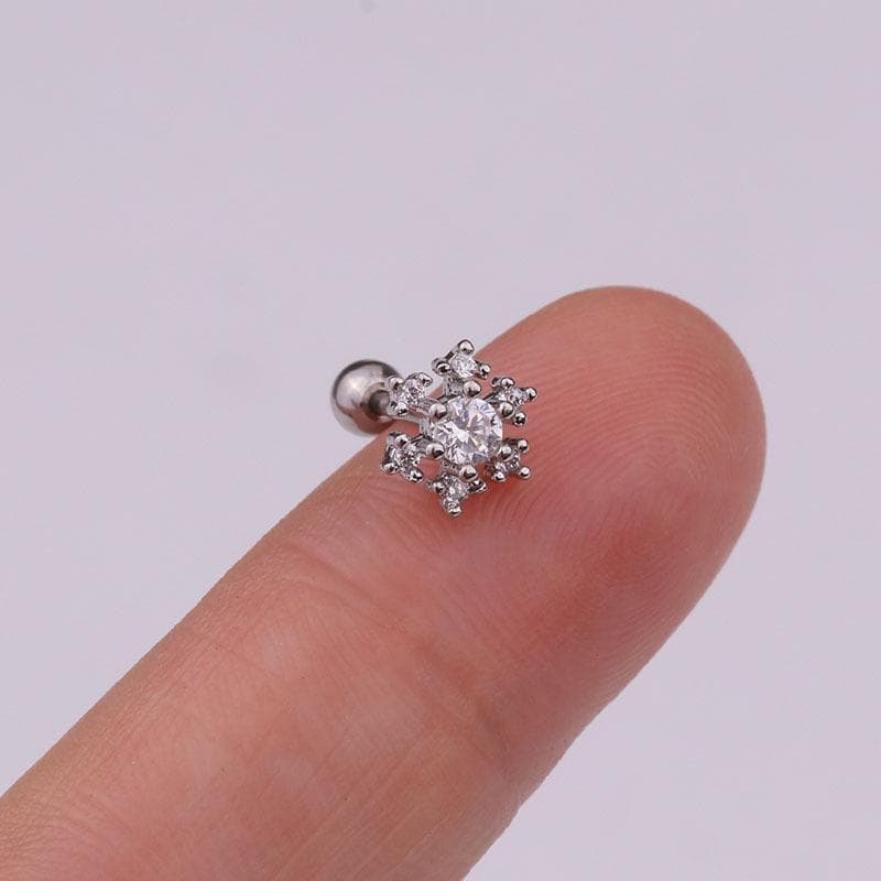 1Pcs Silver Color Zircon Small Cartilage Stud Moon Crown Cross Heart Snowflake Helix Piercing Tragus Stud Earring 9 white