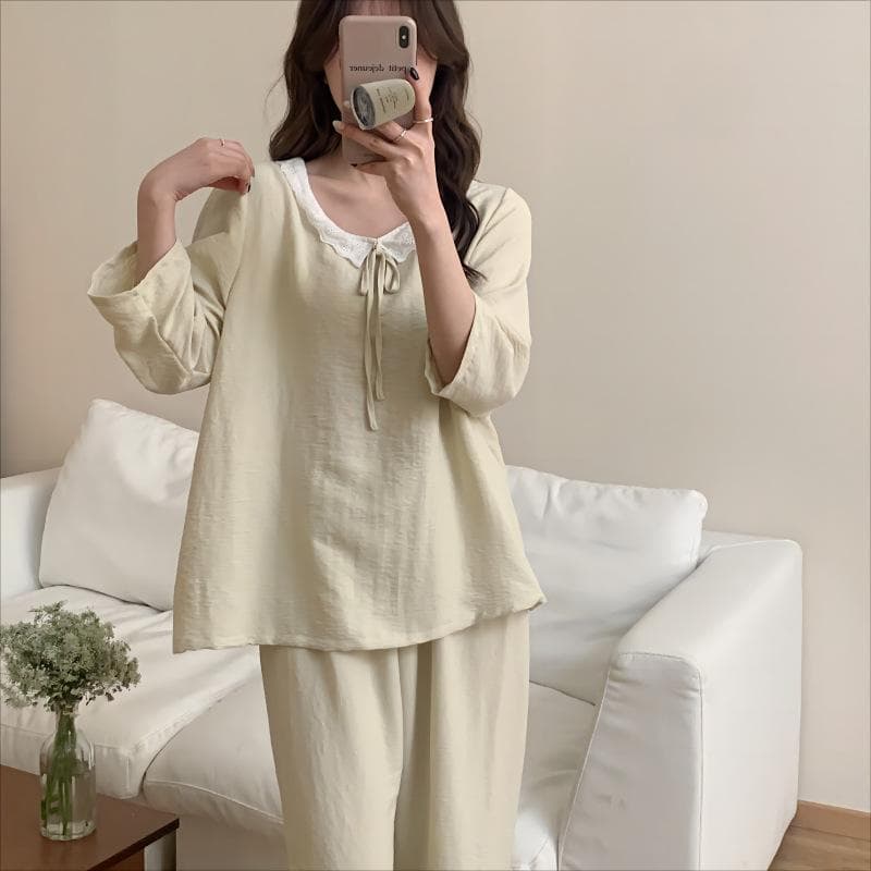 Girls Sweet and Cute Doll Collar Pajamas Spring and Summer New Pajamas Cotton Soft Home Clothes Long-sleeved Trousers Home Clothes One Size yellow
