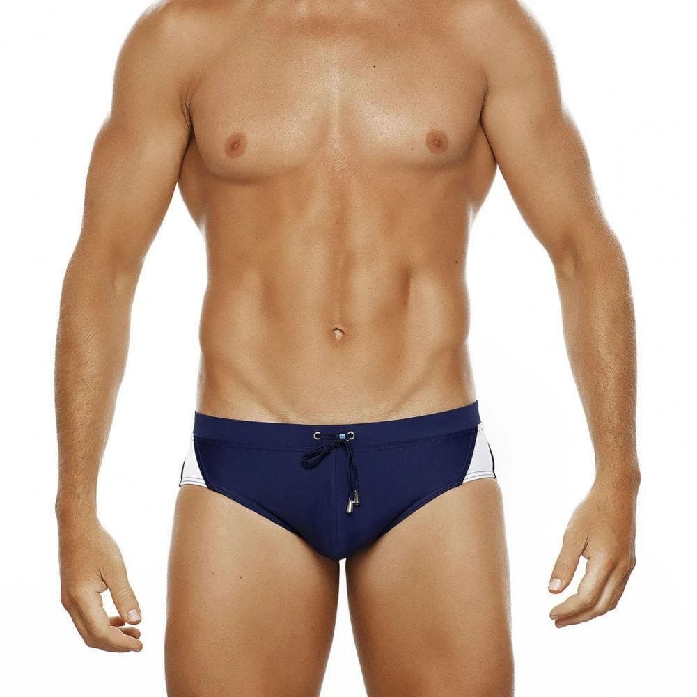 Men Swimming Briefs Low Waist Anti-exposure Drawstring Color Matching Soft Quick Dry Breathable Slim Fit Bathing Surfing Water S L navy blue