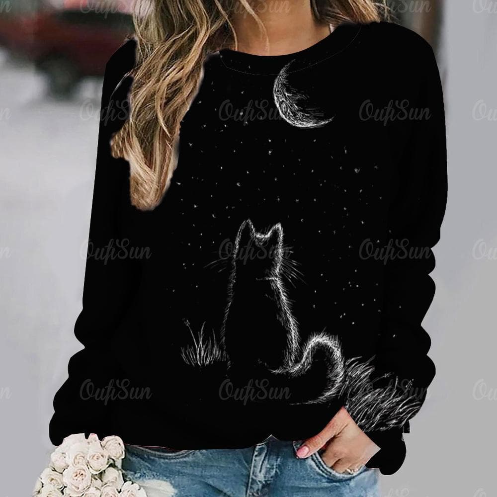 Women Long Sleeve T Shirt Kawaii Cat Graphic 3d Print Tees Harajuku Casual Tops Autumn O Neck Pullover Female Loose Clothing 6XL