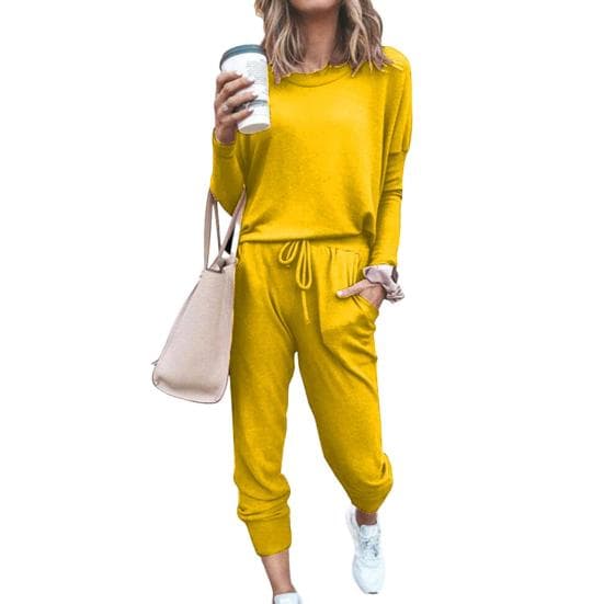2 Pcs/Set Women Top Pants Suit O Neck Long Sleeves Solid Color Sport M yellow