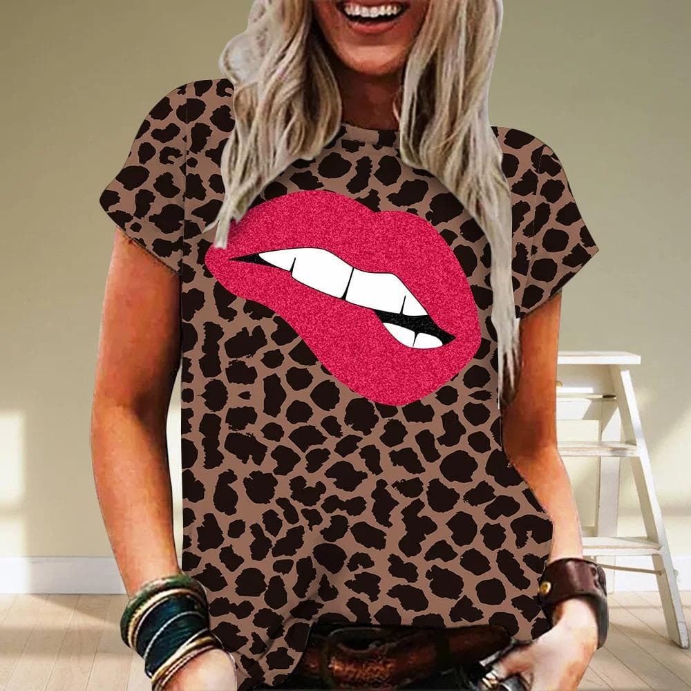 Summer Women Leopard Short Sleeve O-neck Loose T Shirt Fashion Sexy Lips 3d Print Women Ladies Street T-shirt Top 6XL