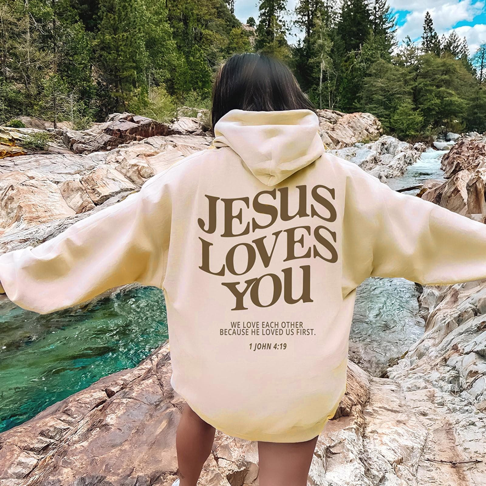 Jesus Loves You Oversized Graphic Hoodie Women Hip Hop Vintage Hooded Sweatshirts Pullover Tops For Women Trendy Aesthetic Top M apricot