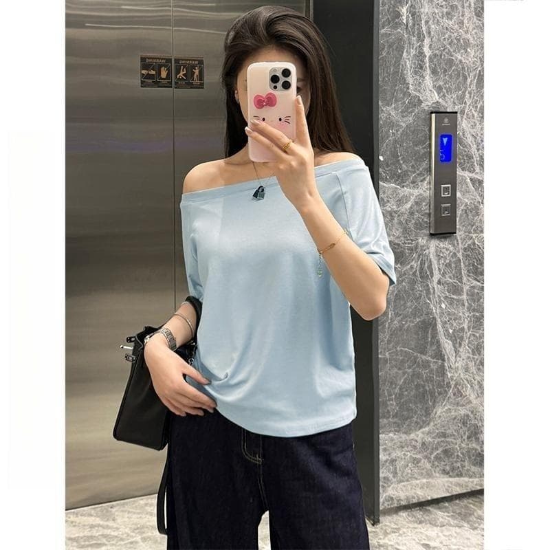 Off-shoulder Short-sleeved T-shirt for Women In Summer New Pure and Lustful Style Loose and Slim Off-shoulder Design Top for Women XL blue