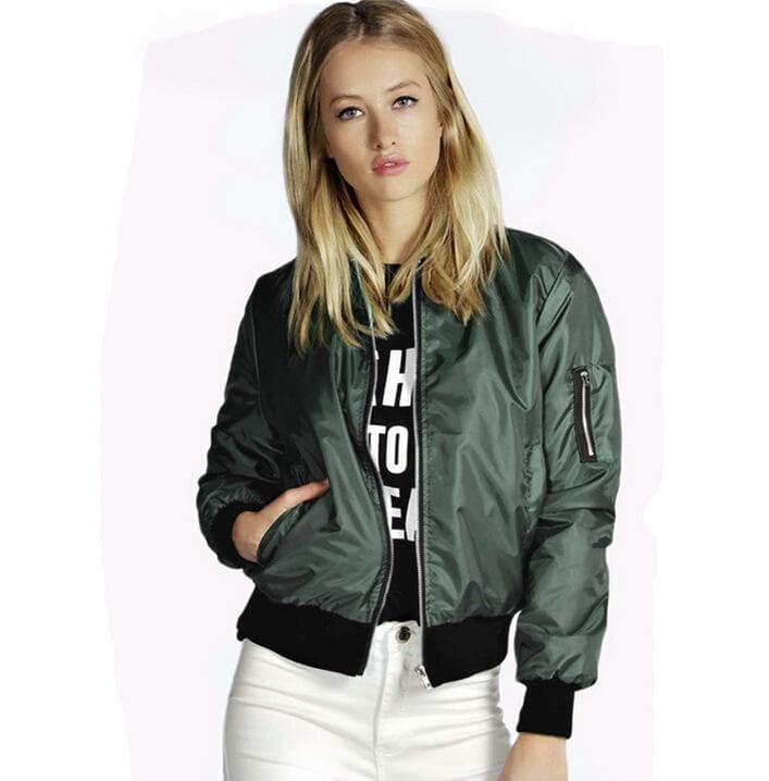 Spring Autumn Women Jackets Fashion Basic Bomber Jacket Streetwear Long Sleeve Coat Female Solid Color Casual Outerwear L green