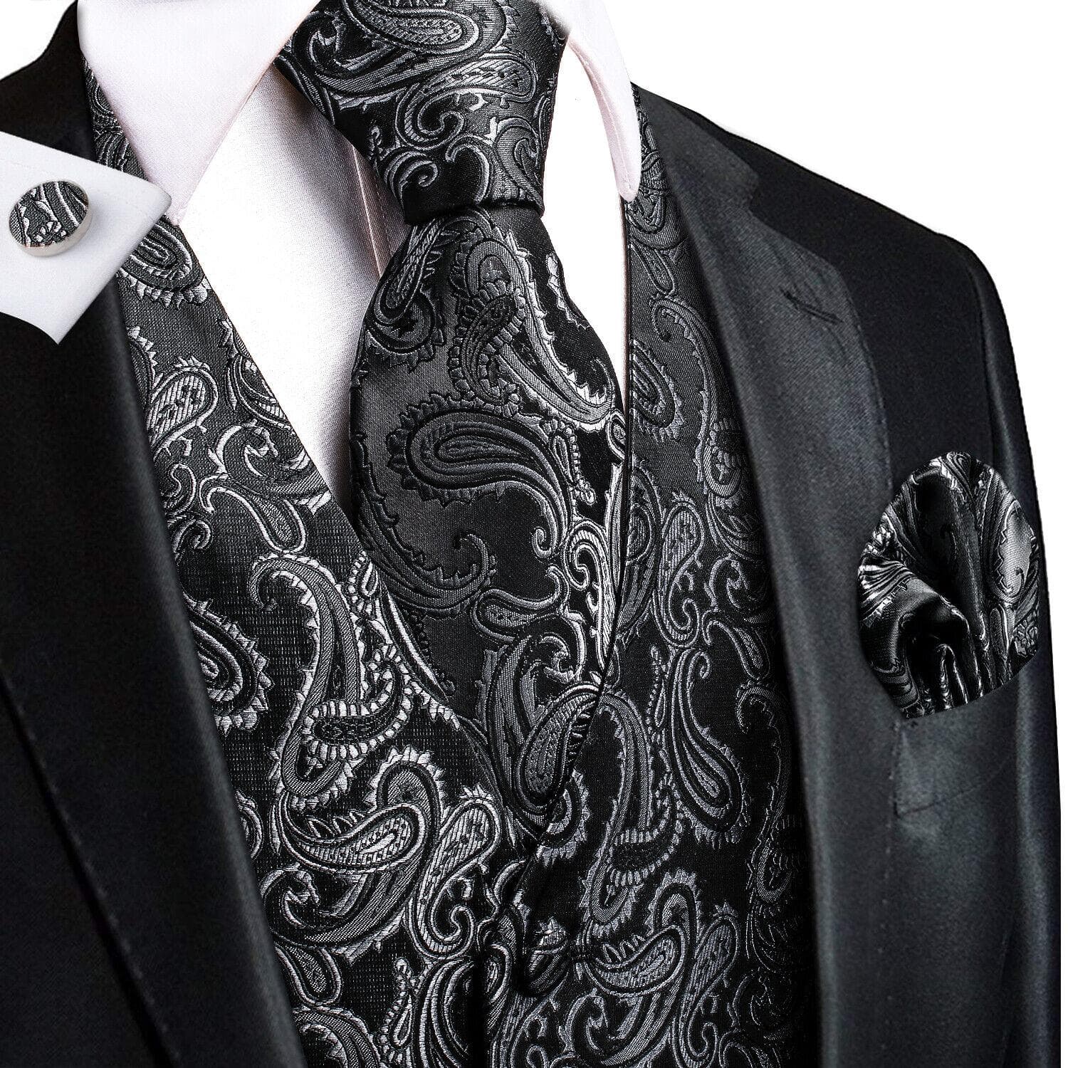 Hi-Tie Tuxedo waistcoat for Men Suit Vest Necktie Handkerchief Cufflinks Set for Wedding Business XL