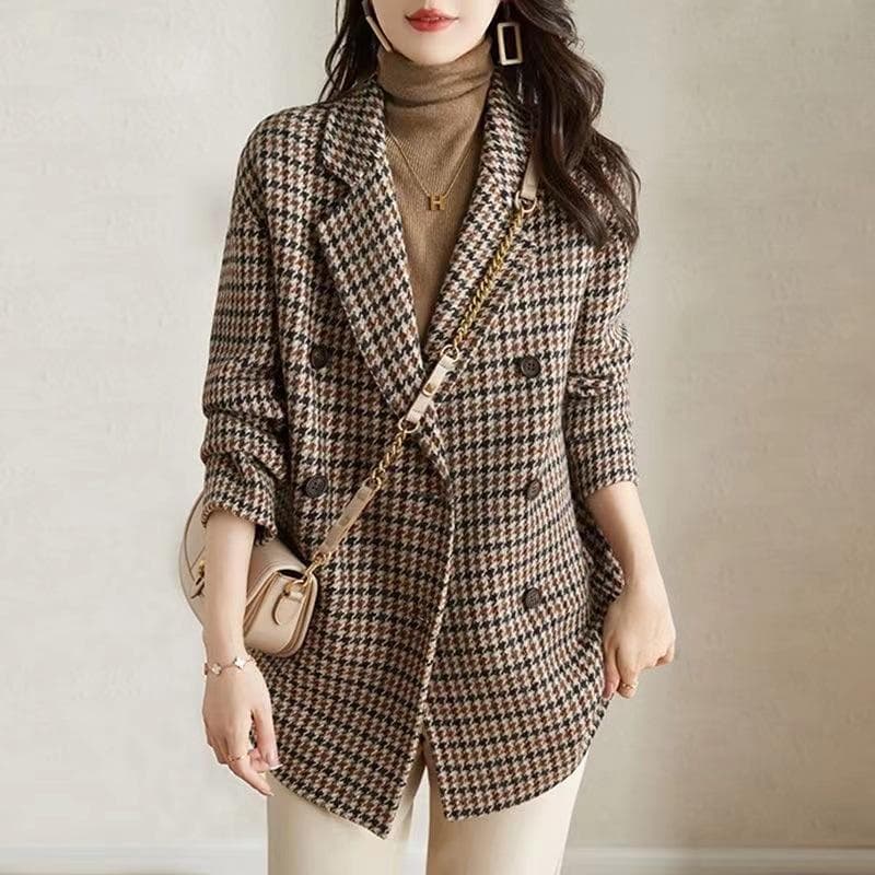 High-end Color Plaid Woolen Jacket Women's Clothing Autumn and Winter New Foreign Style Age-reducing and Thin Top M
