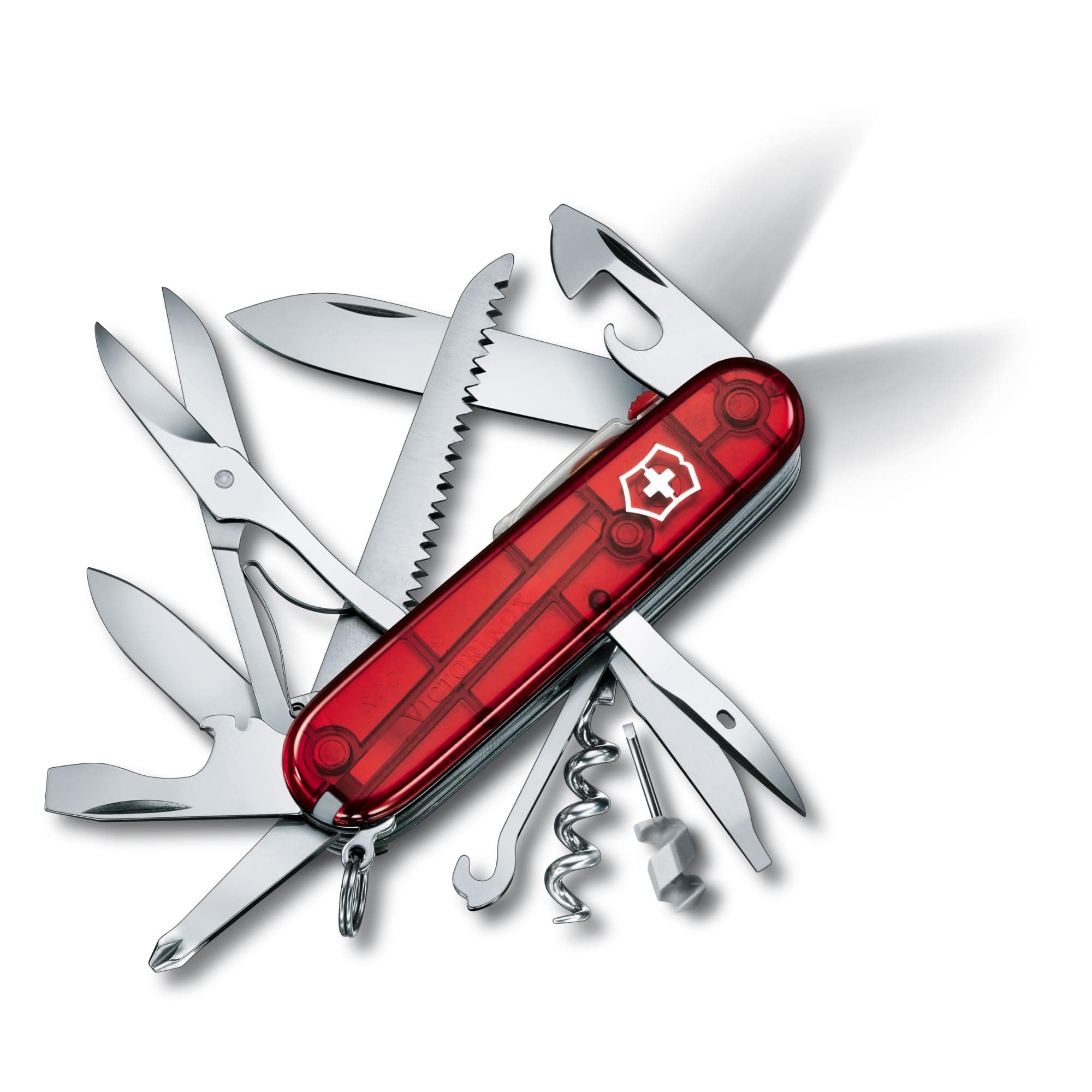 VICTORINOX Huntsman Lite Translucent Red Swiss Army Knife, Multi-functional Emergency Gear for Mountaineering, Hiking, and Camping, Includes Scissors