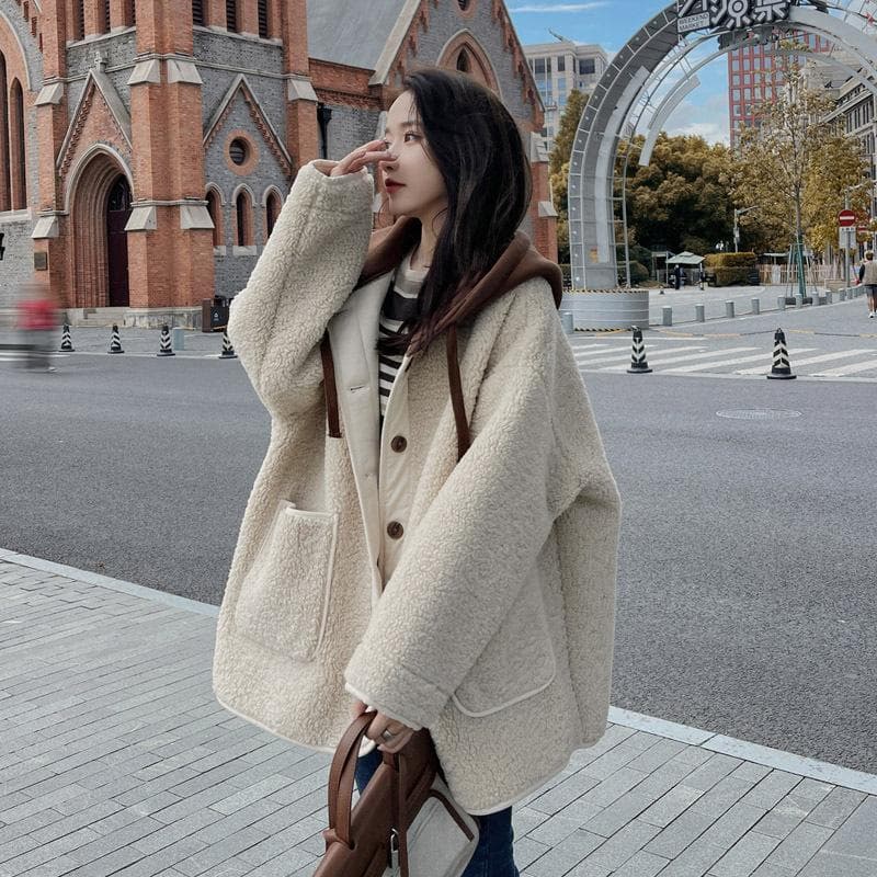 Fur Integrated Lamb Wool Coat for Women Autumn and Winter New Korean Design Hooded Thick Top L