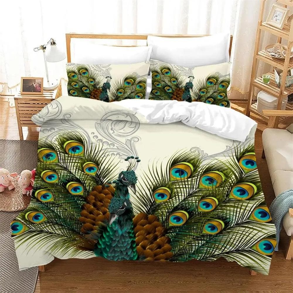 Colored Peacock Feather Printed Bedding Home Spin Deluxe Down Quilt Cover Pillowcase 2/3 Adult Children Bedroom Queen King Size 135x200cm 2pcs