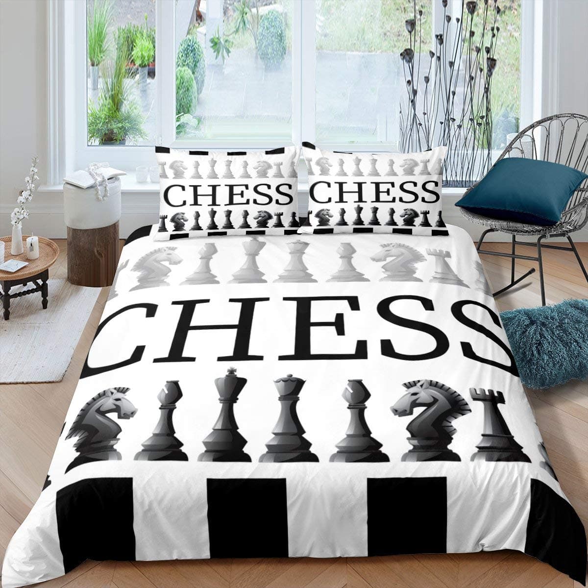 International Chess Duvet Cover Set Queen Size Chess Lovers Bedding Set for Boys Adults Microfiber Black Base 2/3pcs Quilt Cover EU single(135x200cm)