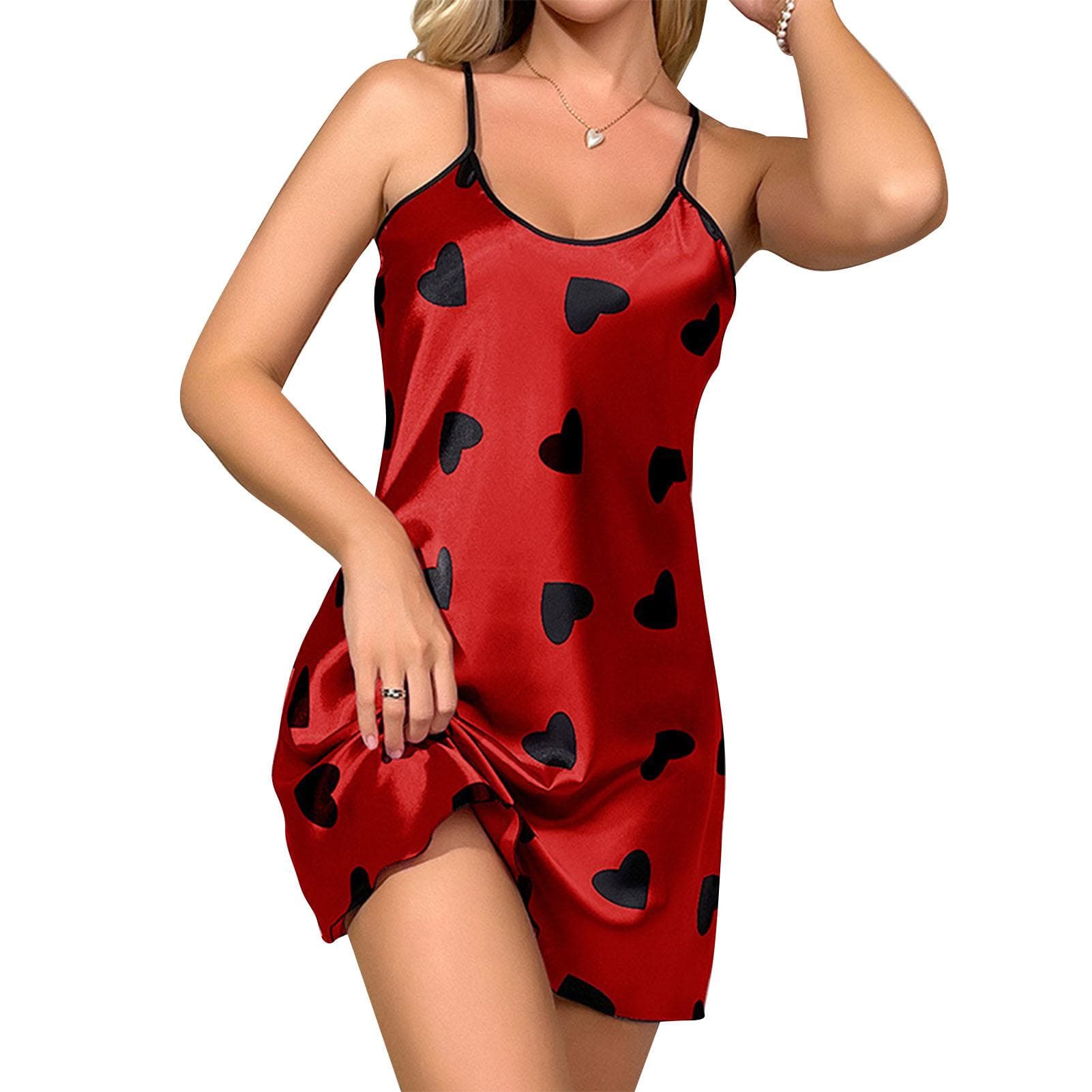 Women Sleeveless Sleepwear Dress Heart Printing Spaghetti Straps Summer Nightwear Pajamas Red M M(for 4-6.5kg) red