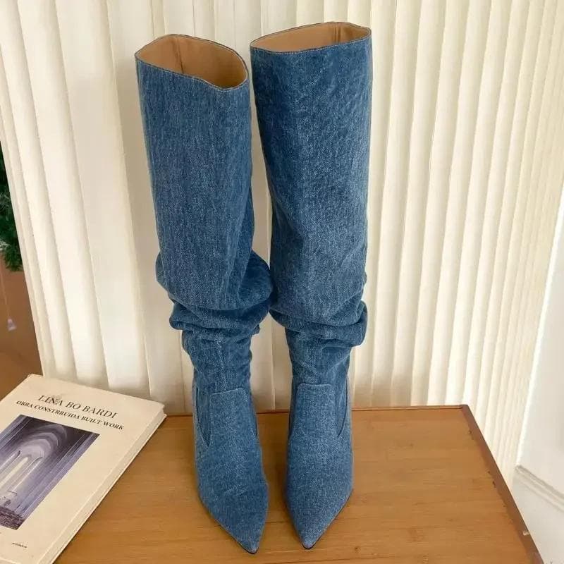 Fashion High Heel Women Long Boots Retro Pointed Toe Denim Western Knight Boots Ladies Zip Shoes Fashion High Heel Knee-high Boots 2024 36 blue