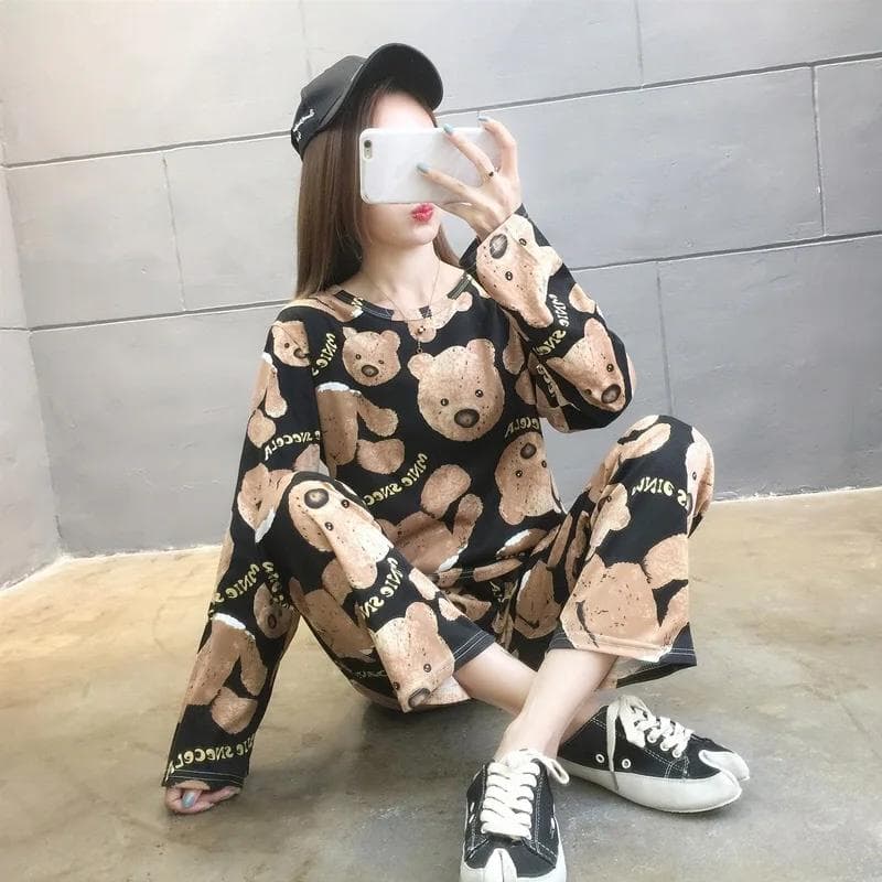 Long-Sleeved Pyjamas Female Autumn and Winter Korean Version of The Large Size Ladies Home Wear Cute Cartoon Bear Pajamas Set M