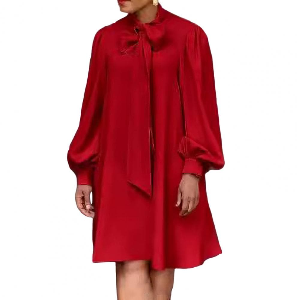 Women Loose Dress Lace-up Bow Neck Long Lantern Sleeves Solid Color Knee Length Formal OL Commute Midi Dress XXL red