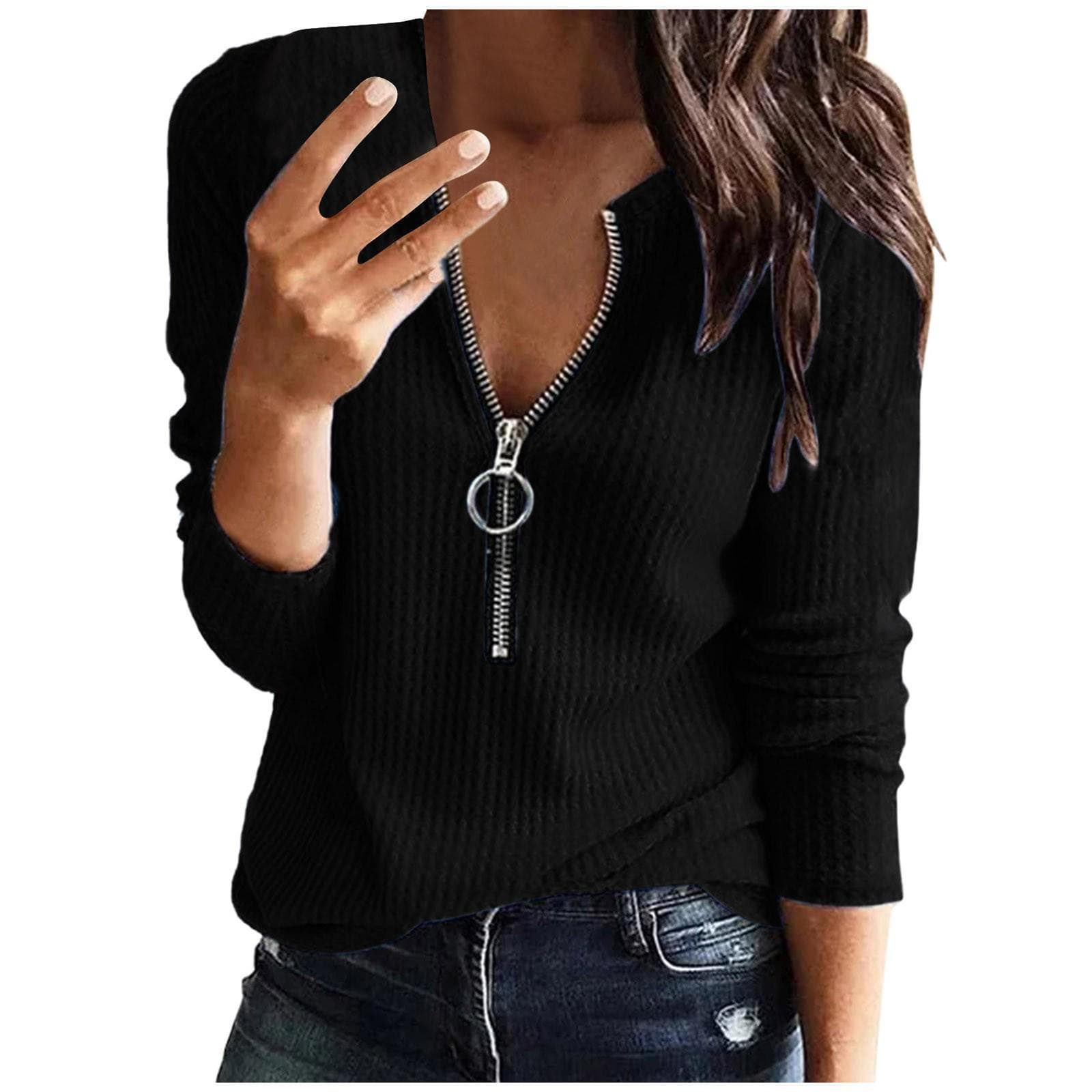 Large Size Women's Long-Sleeve V-Neck Waffle Knit Tops - Autumn/Winter 2024 Collection L black
