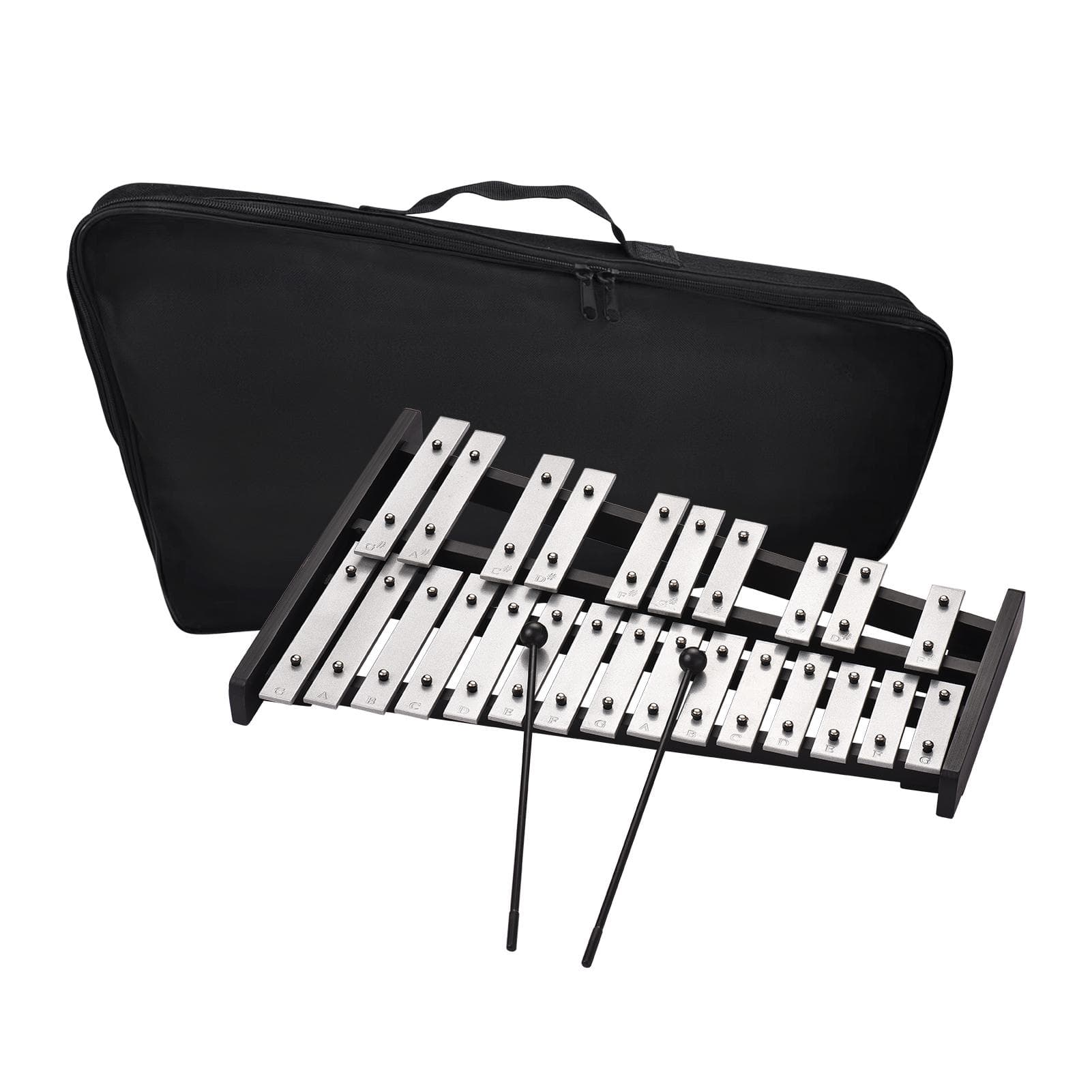 25 Note Glockenspiel Xylophone Wooden Base Aluminum Bars with 2 Mallets Educational Musical silver