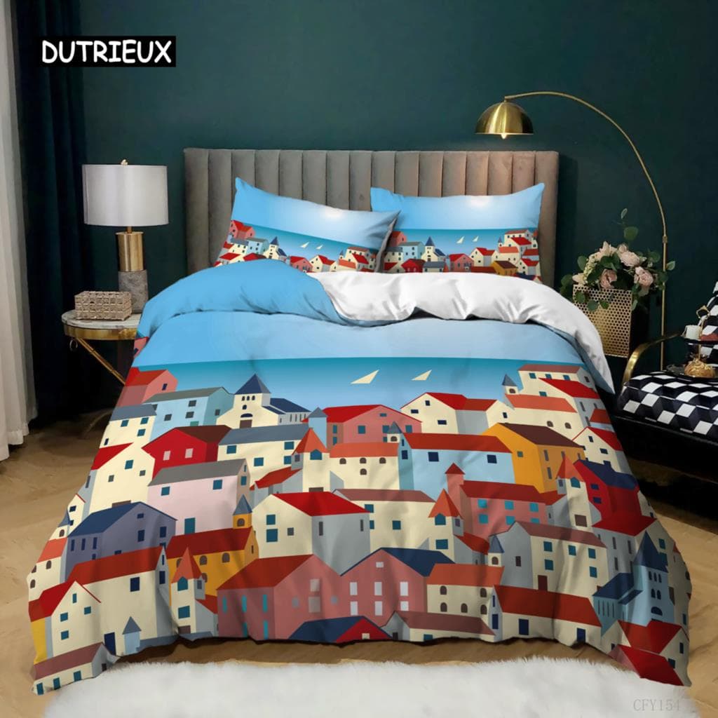 Houses Duvet Cover Set King Size 2/3pcs Colorful Houses Geometric Pattern Bedding Set for Kids Boys Teens Microfiber Quilt Cover EU single(135x200cm)
