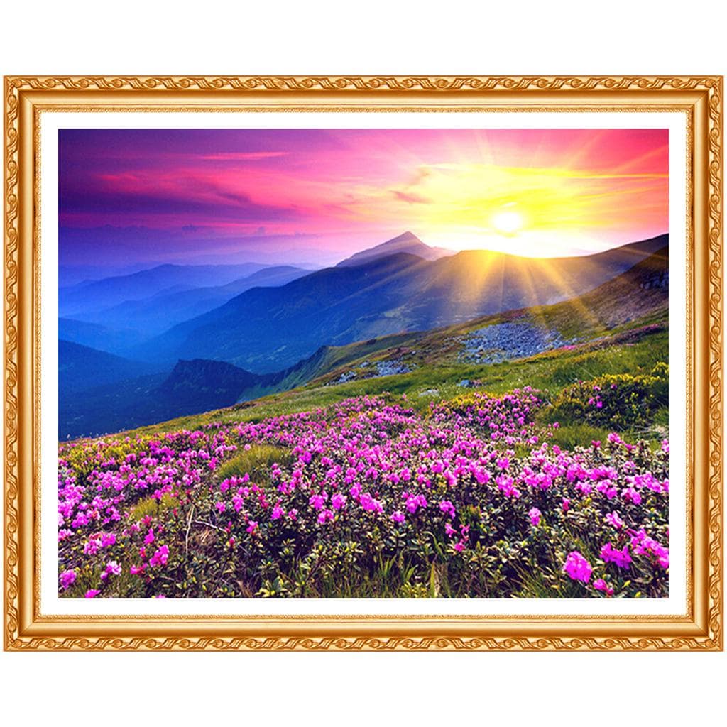 DIY 5D Diamond Embroidery Landscape Sunrise and Purple Flower Pattern Painting Rhinestones Diamond 20X30CM