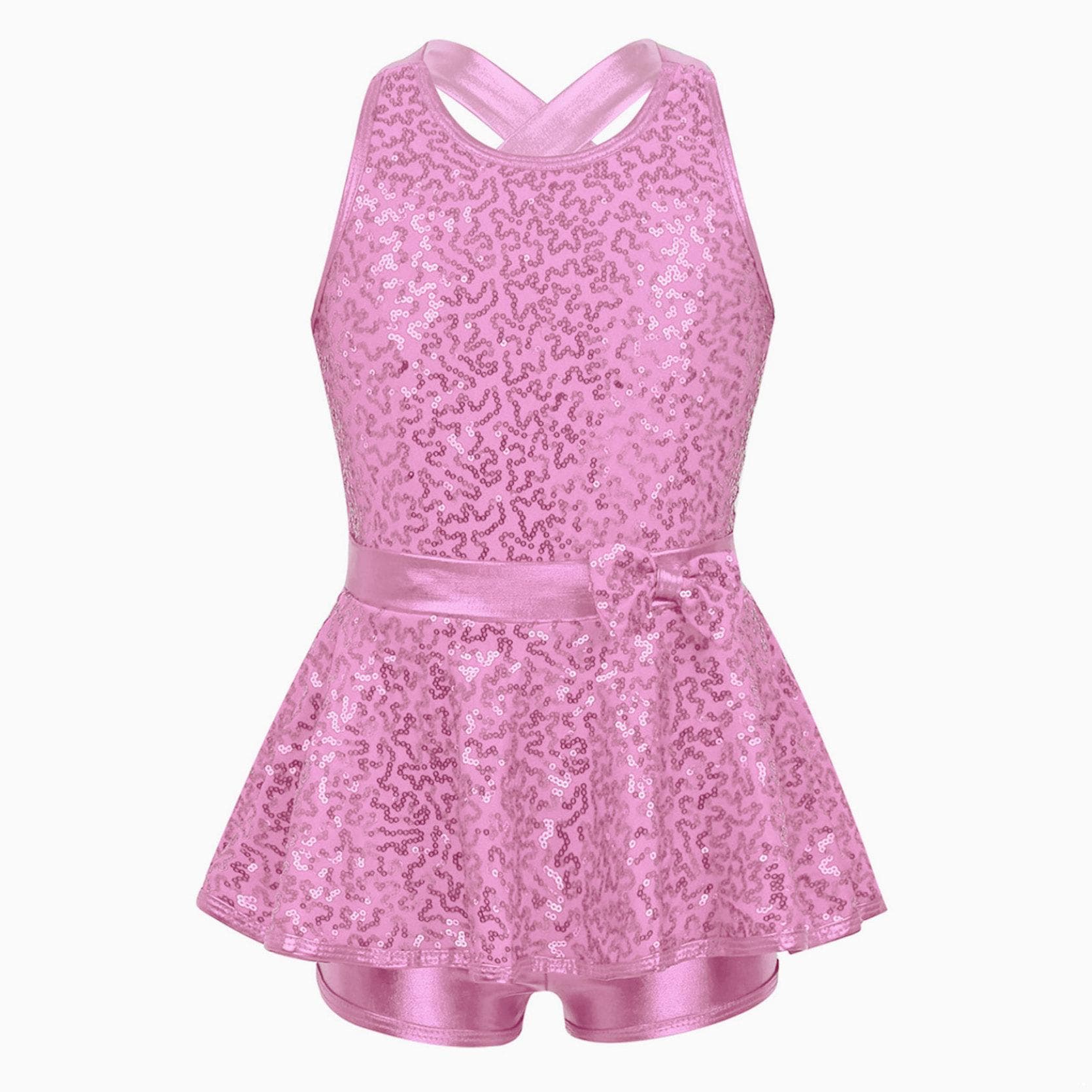 Girls' Kids Sequin Ballet Jazz Modern Tap Dress Dance wear Performance Costume Criss Cross Back Leotard Shorts 5-6 Years pink